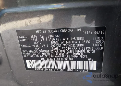 2018 Subaru Outback 3.6R из США, поврежденный, VIN 4S4BSEAC4J3385884